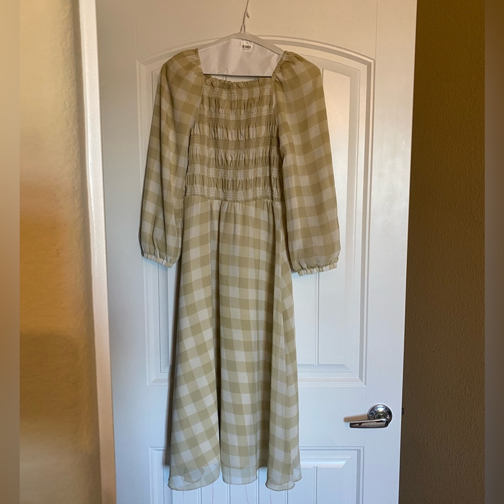 Downeast Tan Gingham Midi Peasant Dress
